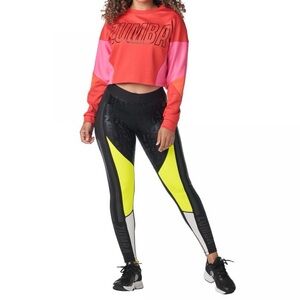 {Zumba} Color Block Red Pink Crew Neck Crop Sweatshirt Top